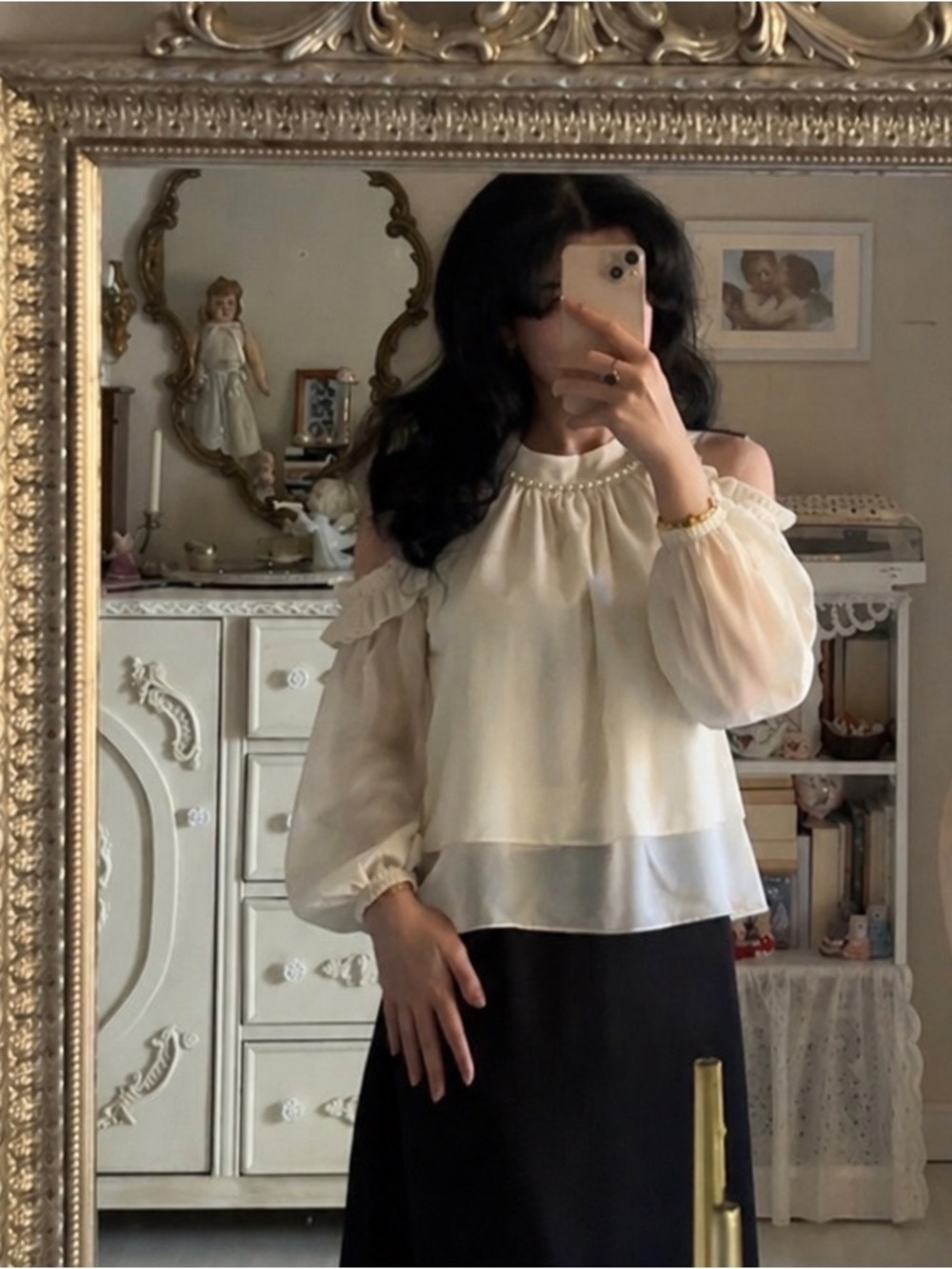 Elegant Cream Cold-Shoulder Blouse with Pearl Trim